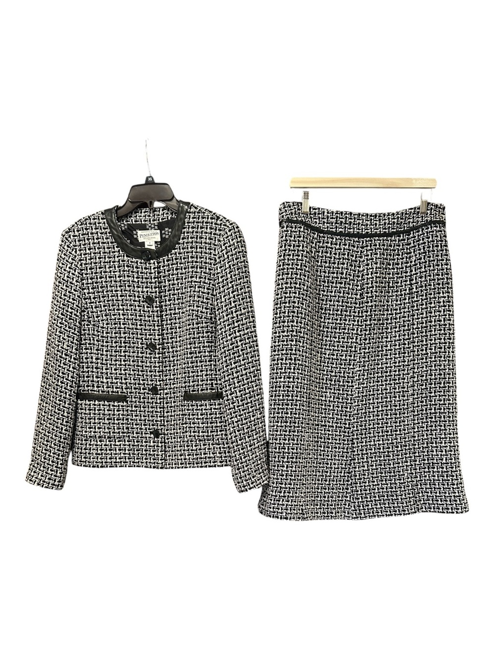 Vintage Pendleton Silk Tweed 2 Pc Suit Collarless Leather Trim Jacket 8 Skirt 10
